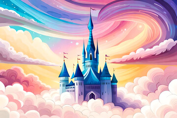 Magical watercolor vector background featuring a majestic castle perched on fluffy clouds