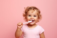 Happy Smiling Child Kid Girl Brushing Teeth With Toothbrush On Pink Background. Health Care, Dental Hygiene. Mockup, Copy Space. Image Generated By AI