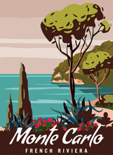 Monte Carlo French Riviera Retro Poster. Tropical Coast Scenic View, Palm, Mediterranean Marine