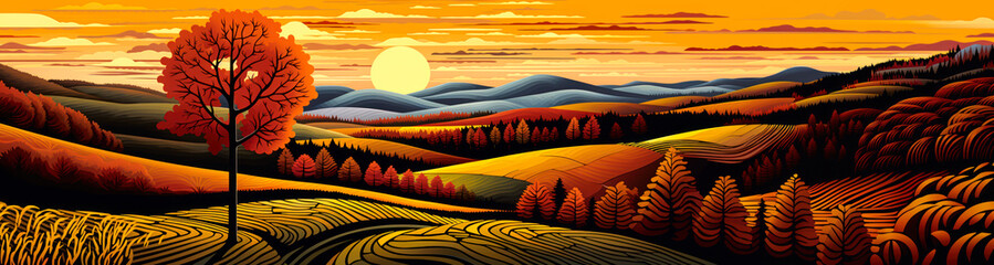 Wall Mural - Fall harvest season landscape, autumn, wide panorama, background, banner, graphic design
