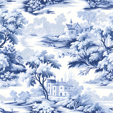 Toile De Jouy Pattern With Countryside Views With Castles And Houses And Landscapes With Trees, River And Bridges With Road In Blue Color