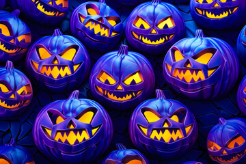 Sticker - Glowing blue purple pumpkin jack o' lanterns design, Halloween background