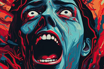 pop art horror, showcasing a person's face contorted in fear with vivid colors and graphic elements,