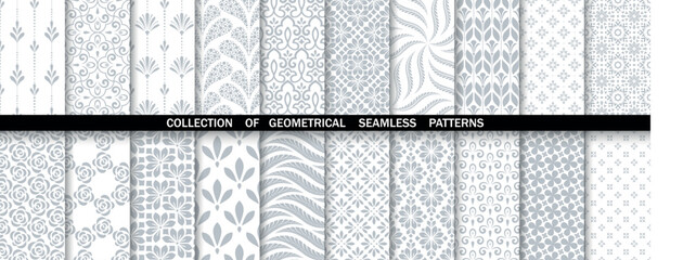 Wall Mural - Geometric floral set of seamless patterns. White and gray vector backgrounds. Damask graphic ornaments