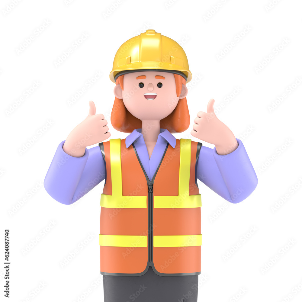 3D illustration of Female engineer Pam showing thumb up, positive hand ...