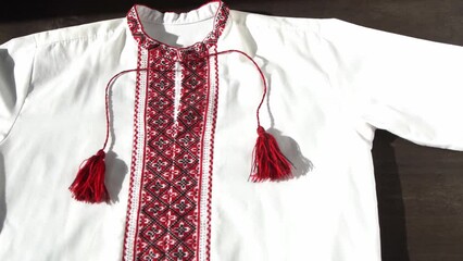 Wall Mural - Ukrainian clothes embroidered shirt. Red and black threads background. Vyshyvanka is a symbol of Ukraine. Embroidery cross stitching. National Ukrainian stitch. Traditional clothing symbol.