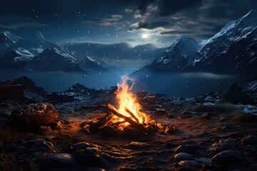 Wall Mural - Nighttime shot of a starry sky and glow of a campfire