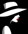 Profile of young beautiful fashion woman with hat and red lips, minimalism in red, white, gray and black colors. Abstract female portrait, contemporary design, vector illustration