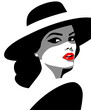 Profile of young beautiful fashion woman with hat and red lips, minimalism in gray, red, white and black colors. Abstract female portrait, contemporary design, vector illustration