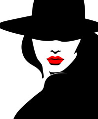 Profile of young beautiful fashion woman with hat and red lips, minimalism in red, white and black colors. Abstract female portrait, contemporary design, vector illustration