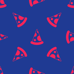 Canvas Print - Red Slice of pizza icon isolated seamless pattern on blue background. Fast food menu. Vector