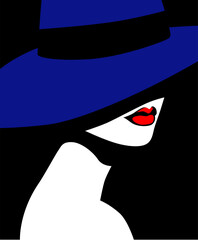 Profile of young beautiful fashion woman with hat and red lips, minimalism in dark blue, red, white and black colors. Abstract female portrait, contemporary design, vector illustration