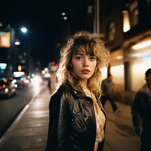 Brunette Young Woman On The Street Portrait A Person In The City At Night Wearing A Leather Motorcycle Jacket , Outside A Rock Club, Rock And Roll Attitude , Rock Star , Looking Back At Camera 
