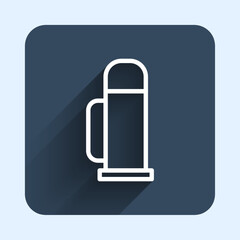 Sticker - White line Thermos container icon isolated with long shadow background. Thermo flask icon. Camping and hiking equipment. Blue square button. Vector