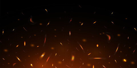 Fire sparks on dark background. Flying up sparks, burning fire particles with smoke texture. Realistic flame effect – vector