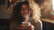 © Keitma - Happy smiling woman with messy curly hair drinking a smoking cup of coffee in the morning light