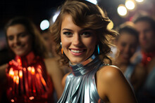 Retrowave Smiling Woman At Dancing Sparkle Night With Retro Shiny Dress In 70s Style