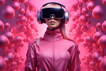 Wall Mural - Futuristic young woman with a VR headset on her head with pink and white colors