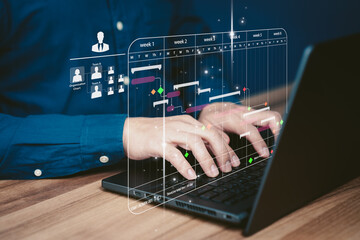 Poster - Human Resource working data analytics with computer in business management system to make report with KPI and metrics connect to database. Corporate strategy for finance, marketing, operations, sales.