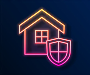 Canvas Print - Glowing neon line House with shield icon isolated on black background. Insurance concept. Security, safety, protection, protect concept. Vector