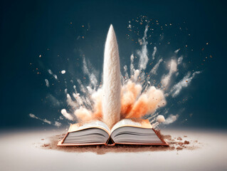 Aufkleber - Rocket starts from open book. Spaceship launch from dictionary. Concept of a successful start up of a business. and education. Creative idea. Ai Generative illustration
