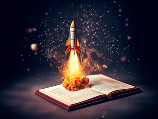 Aufkleber - Rocket starts from open book. Spaceship launch from dictionary. Concept of a successful start up of a business. and education. Creative idea. Ai Generative illustration