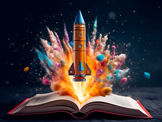 Aufkleber - Rocket starts from open book. Spaceship launch from dictionary. Concept of a successful start up of a business. and education. Creative idea. Ai Generative illustration