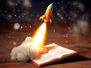 Aufkleber - Rocket starts from open book. Spaceship launch from dictionary. Concept of a successful start up of a business. and education. Creative idea. Ai Generative illustration