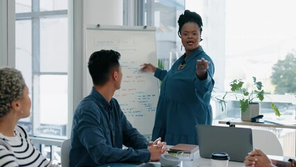 Poster - Training, presentation and teamwork with business people in meeting for idea, planning and strategy. Coaching, speaker and workshop with black woman in office for learning, collaboration and seminar
