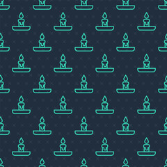 Poster - Green line Burning candle in candlestick icon isolated seamless pattern on blue background. Cylindrical candle stick with burning flame. Vector