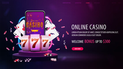 Online casino, violet web banner with offer, podium with neon frame, smartphone, slot machine and playing cards