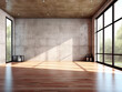 Empty room interior with concrete walls, wooden floor with light and soft skylight from window. Background with copy-space. Ai Generative illustration