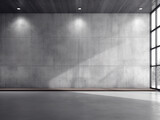 Fototapeta Abstrakcje - Empty room interior with concrete walls, grey floor with light and soft skylight from window. Background with copy-space. Ai Generative illustration