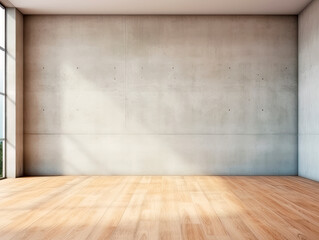 Empty room interior with concrete walls, wooden floor with light and soft skylight from window. Background with copy-space. Ai Generative illustration