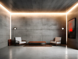 Wall Mural - Empty room interior with concrete walls, grey floor and soft skylight from window. Background with copy-space. Table and two armchairs. Ai Generative illustration