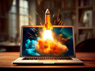 Aufkleber - Rocket starts from computer device screen. Spaceship launch from Laptop. Concept of a successful start up of a business. Creative idea, education online. Ai Generative illustration