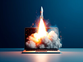 Aufkleber - Rocket starts from computer device screen. Spaceship launch from Laptop. Concept of a successful start up of a business. Creative idea, education online. Ai Generative illustration