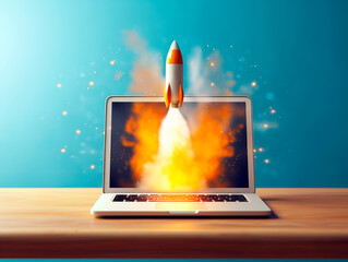 Aufkleber - Rocket starts from computer device screen. Spaceship launch from Laptop. Concept of a successful start up of a business. Creative idea, education online. Ai Generative illustration