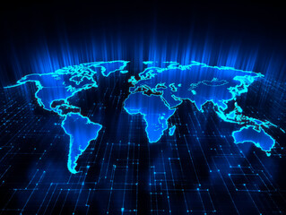 digital world map background, earth network. worldmap in neon light blue display screen, worldwide c