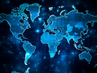 Poster - Digital world map background, earth network. Worldmap in neon light blue display screen, worldwide connection and telecommunication technology. Ai generative illustration