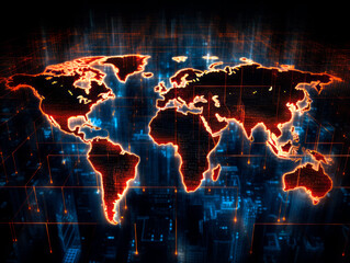 Poster - Digital world map background, earth network. Worldmap in neon light orange display screen, worldwide connection and telecommunication technology. Ai generative illustration