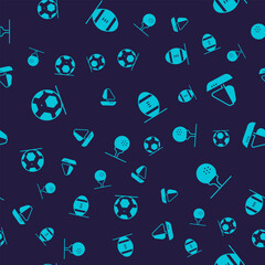 Set Soccer football ball, Yacht sailboat, American Football and Golf on tee on seamless pattern. Vector