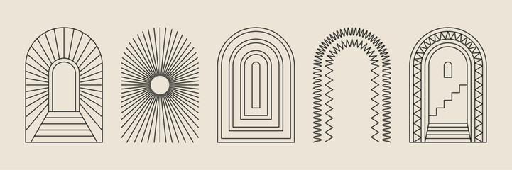 Boho frame arch vector illustration modern minimalistic retro aesthetic linear arc portal logo bohemian design element mystical geometric abstract border