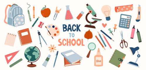 school stationery and supplies. vector illustration