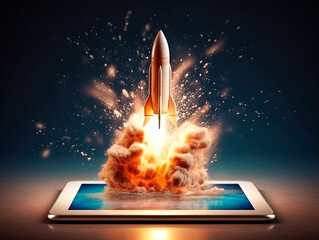 Aufkleber - Spaceship launch from digital tablet. Rocket starts from mobile device screen. Concept of a successful start up of a business. Creative idea, education online. Ai Generative illustration
