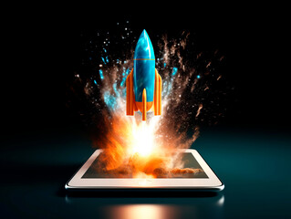 Aufkleber - Spaceship launch from digital tablet. Rocket starts from mobile device screen. Concept of a successful start up of a business. Creative idea, education online. Ai Generative illustration