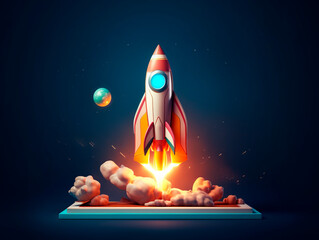 Aufkleber - Spaceship launch from digital tablet. Rocket starts from mobile device screen. Concept of a successful start up of a business. Creative idea, education online. Ai Generative illustration