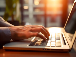 Poster - Businessman hands typing and working with laptop computer on wooden table close up. Side View. Freelancer lifestyle. Business technology concept. Ai Generative Illustration.