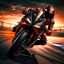 Racing Red: Motorcycle Racer Speeding On Sportbike At Racetrack: Generative AI