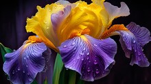 Purple And Yellow Bearded Iris Flower In Botanical Garden - A Close-Up View Of Blossoming Iris With Gold Bonnet: Generative AI